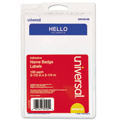 &quot;Hello&quot; Self-Adhesive Name
Badges, 3 1/2 x 2 1/4,
White/Blue, 100/Pack