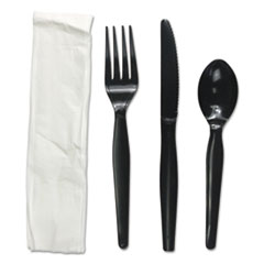 Four-Piece Cutlery Kit,
Fork/Knife/Napkin/Teaspoon,
Heavyweight, Black, 250/CT
