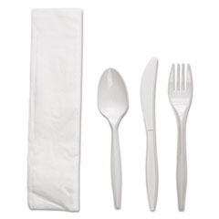 Four-Piece Cutlery Kit,
Fork/Knife/Napkin/Teaspoon,
White, Polypropylene, 250/CT