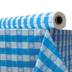 Plastic Table Cover, 40&quot; x 300 ft Roll, Blue Gingham