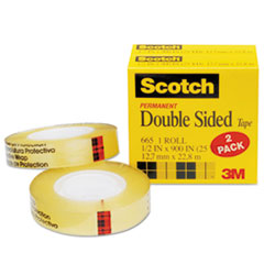 665 Double-Sided Tape, 1/2&quot; x 900&quot;, 1&quot; Core, Clear, 2/Pack
