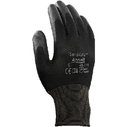 Ansell Glove, Poly Palm Coated, Nylon, Black, Size 9,
